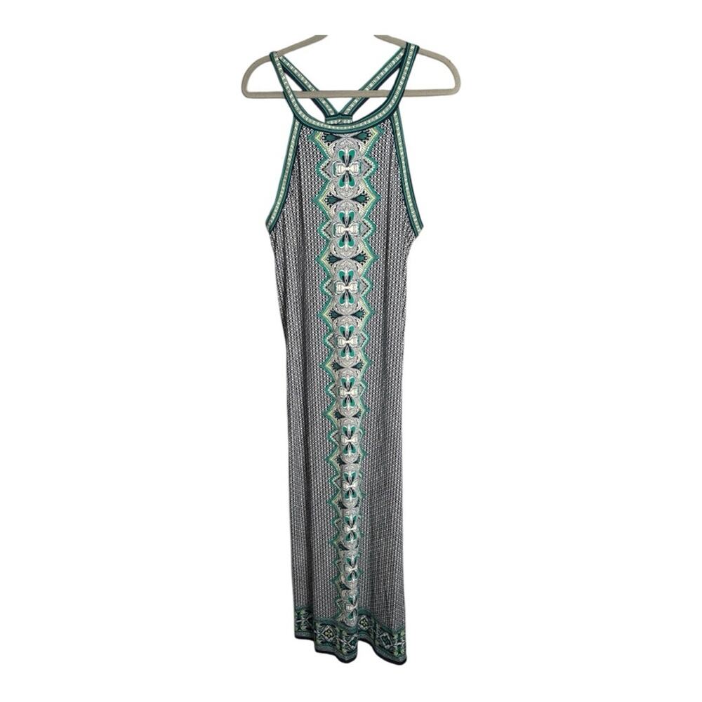 Max Studio Navy Blue and Green Geometric Print Halter Maxi Dress XL